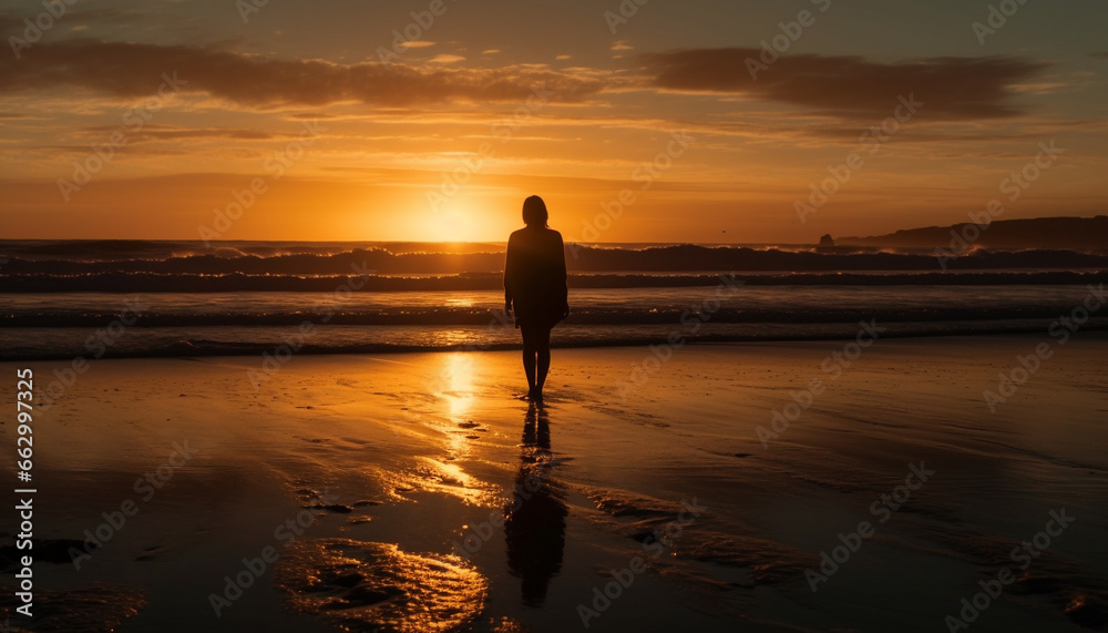 Tranquil silhouette of men and women exercising on beach at sunset generated by AI