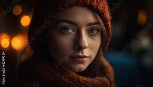 Smiling young woman in warm winter clothing looking at camera generated by AI