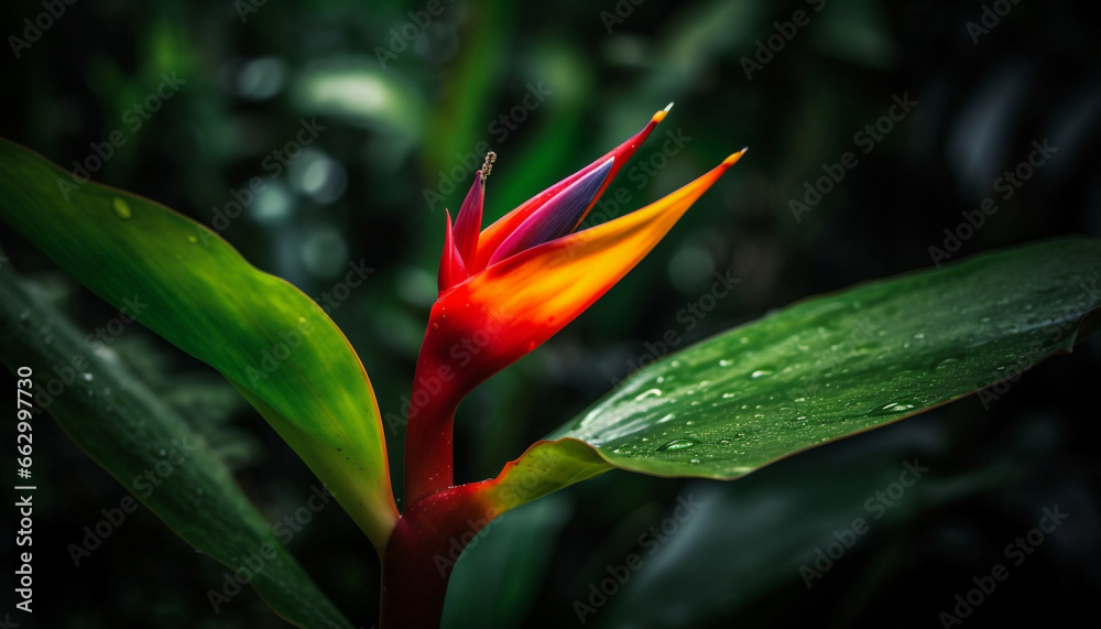 Obraz premium Vibrant tropical flower blossom in close up, showcasing multi colored petals generated by AI