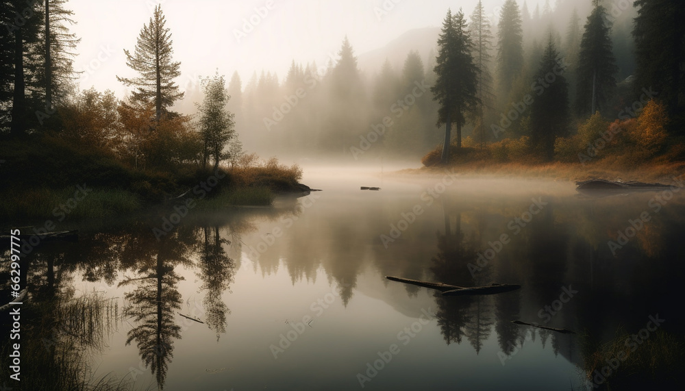 Tranquil scene of autumn forest reflects beauty in nature mystery generated by AI