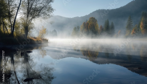 Tranquil autumn forest landscape with fog, water reflection, and mountains generated by AI