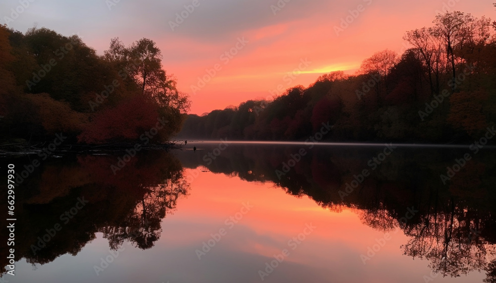 Tranquil sunset reflects multi colored beauty of autumn forest and mountain generated by AI