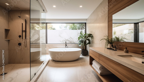 Modern elegance in a clean, bright domestic bathroom with marble flooring generated by AI