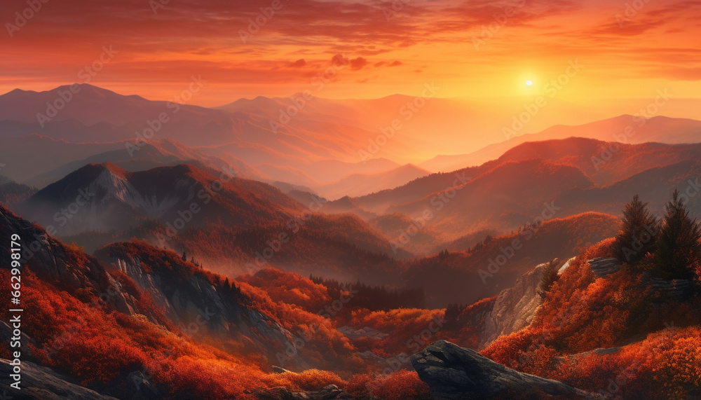 Majestic mountain range, tranquil meadow, back lit by sunrise generated by AI