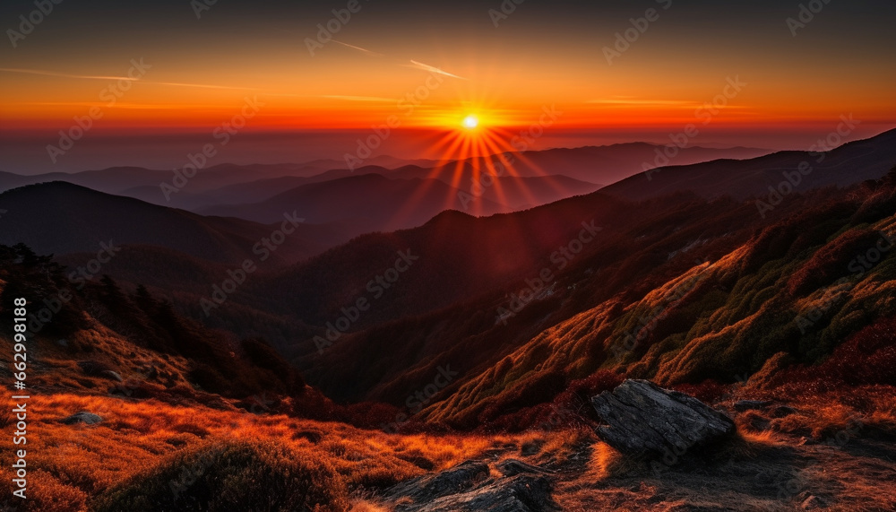 Majestic mountain range, tranquil meadow, backlit sunset, heaven on earth generated by AI