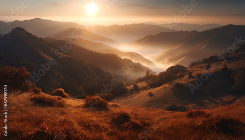 Majestic mountain peak back lit by sunrise, a panoramic landscape generated by AI