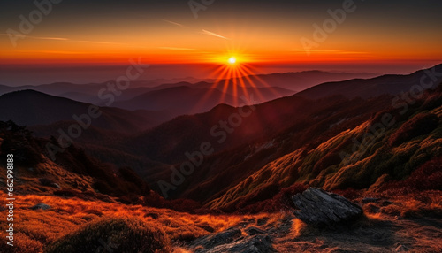 Majestic mountain range  tranquil meadow  backlit sunset  heaven on earth generated by AI