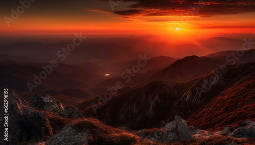 Majestic mountain range, panoramic sunset, tranquil scene, nature beauty generated by AI
