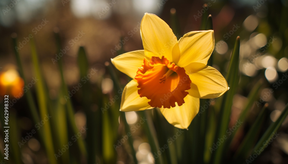 Fototapeta premium Vibrant yellow tulip blossom in formal garden, close up beauty generated by AI