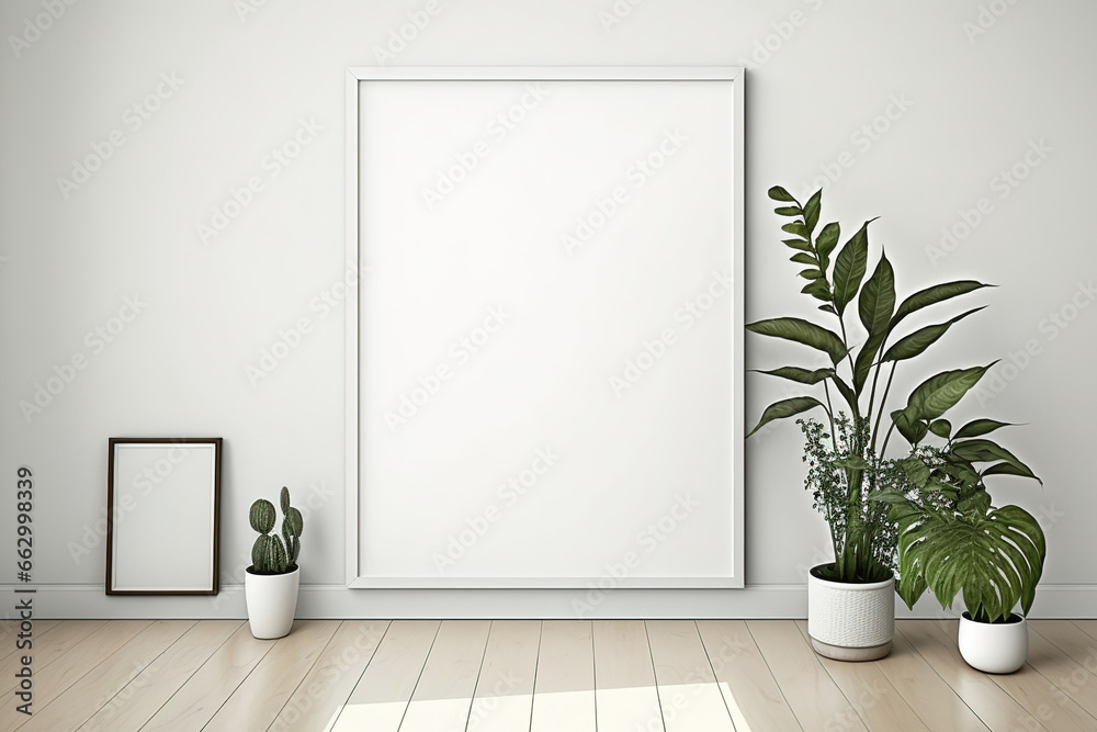 White wall with an empty horizontal poster template in a contemporary interior space. hardwood floor with a house plant in it. Generative AI White wall with an empty horizontal poster template in a contemporary interior space. hardwood floor with a house plant in it. Generative AI