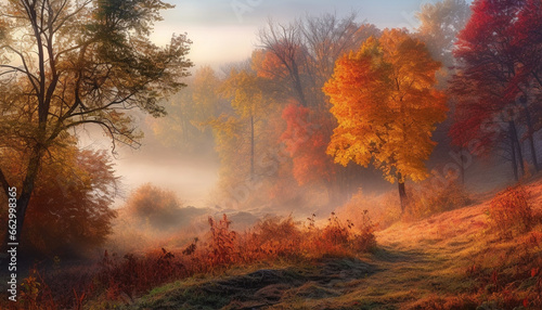 Vibrant autumn landscape yellow leaves, orange trees, foggy forest fire generated by AI © Stockgiu