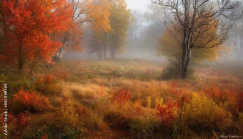 Vibrant autumn landscape foggy forest, yellow leaves, tranquil meadow generated by AI