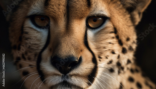 Majestic cheetah staring, spotted fur, danger in wilderness, beauty in nature generated by AI