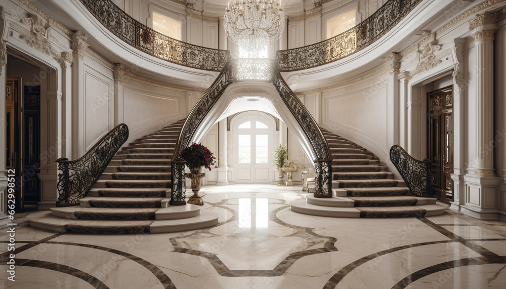 Elegant neo classical architecture with marble staircase and decorative arches generated by AI
