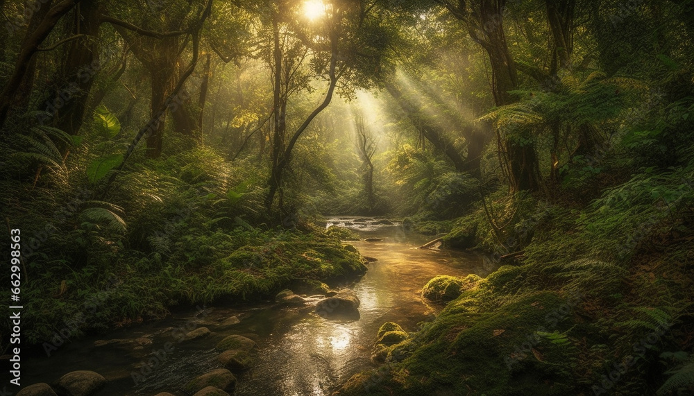 Fototapeta premium Tranquil scene of a tropical rainforest with flowing water and ferns generated by AI