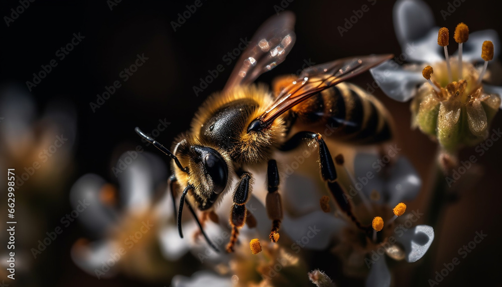 Busy honey bee flying to collect pollen from yellow flower generated by AI