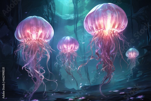 Luminescent jellyfish guardians, illuminating the depths of the ocean with their glow - Generative AI © Sidewaypics