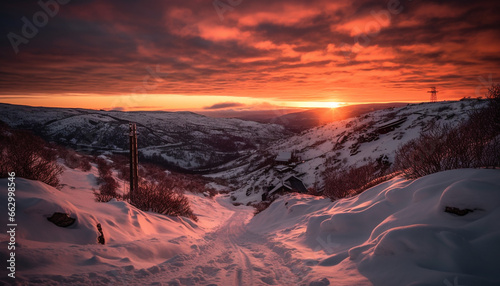 Majestic mountain range in winter, tranquil dusk, frozen beauty generated by AI