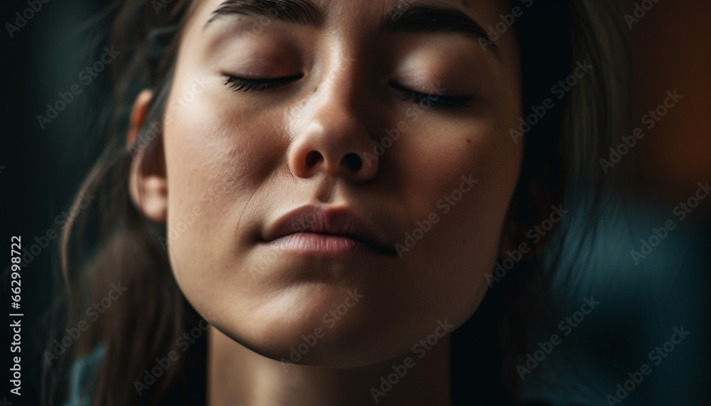 Serene young woman with closed eyes, brown hair, and sadness generated by AI Serene young woman with closed eyes, brown hair, and sadness generated by AI