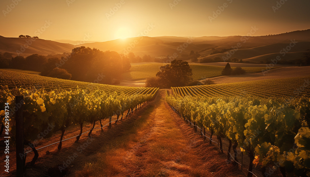 Idyllic vineyard in tranquil rural landscape, harvesting grapes at sunset generated by AI