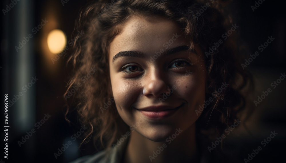 Beautiful young woman with curly brown hair smiles confidently indoors generated by AI