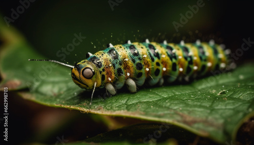 Green caterpillar crawls on striped leaf, nature beauty magnified generated by AI © djvstock