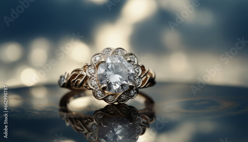 Shiny gold wedding ring with precious gem and diamond reflection generated by AI