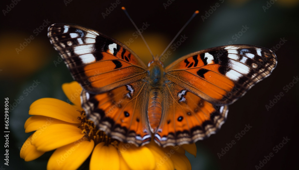 Naklejka premium Vibrant butterfly wing in focus, pollinating single flower beauty generated by AI