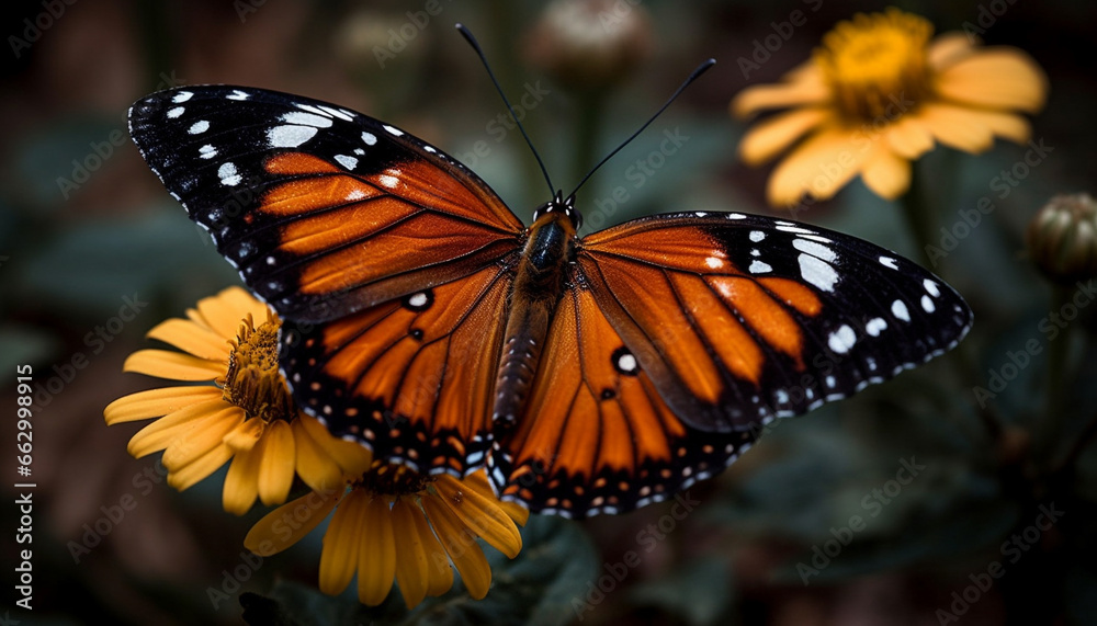 Fototapeta premium Vibrant monarch butterfly pollinates single flower in natural beauty generated by AI