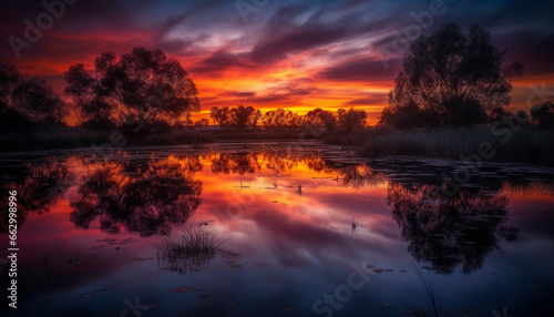 Tranquil scene of nature beauty in sunset reflection over water generated by AI © djvstock