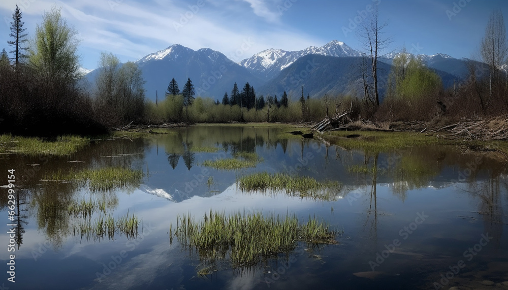 Panoramic view of majestic mountain range reflects natural beauty generated by AI