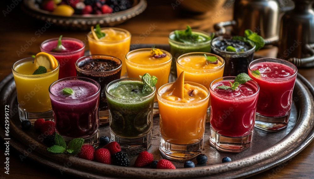 Organic berry cocktail on rustic wood table, a healthy refreshment generated by AI Organic berry cocktail on rustic wood table, a healthy refreshment generated by AI