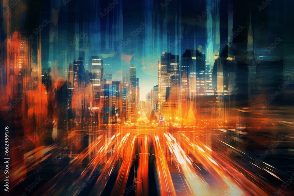 Abstract urban rush, blurred city lights at night. Generative AI