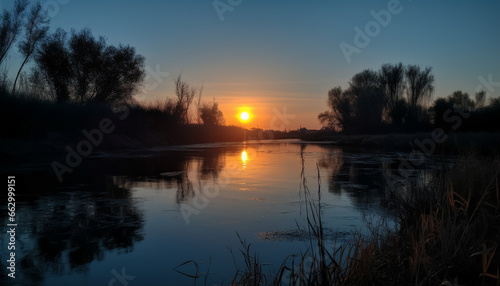 Tranquil sunset silhouette reflects beauty in nature over rural landscape generated by AI