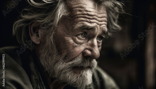 Gray haired senior man with beard and wrinkles looking serious generated by AI