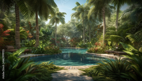 Idyllic tropical resort with palm trees  pool  and lush nature generated by AI