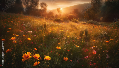 Vibrant wildflowers bloom in a tranquil meadow at sunrise generated by AI