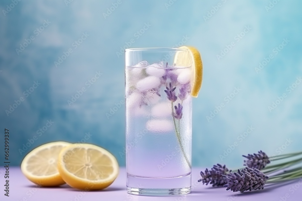 Cool lavender lemonade with lime slices and lavender flower Cool lavender lemonade with lime slices and lavender flower