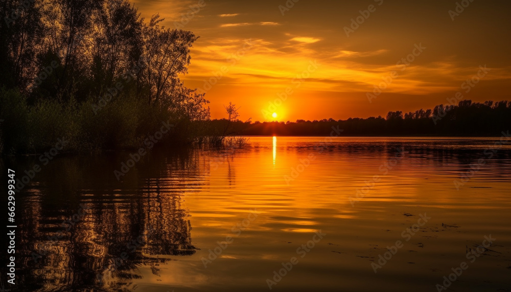 Obraz premium Tranquil scene of vibrant nature, reflecting beauty in sunset generated by AI