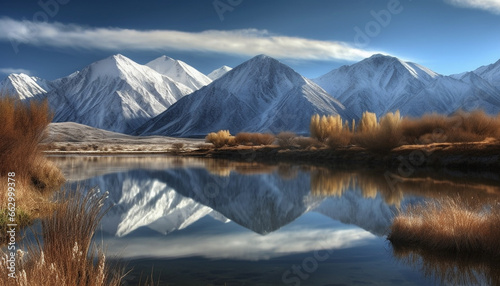 Tranquil scene of majestic mountain range reflected in tranquil pond generated by AI