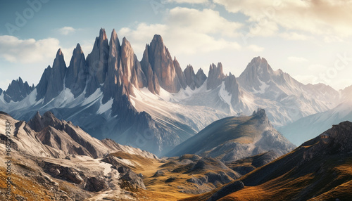 Majestic mountain range  panoramic landscape  extreme terrain  tranquil meadow generated by AI
