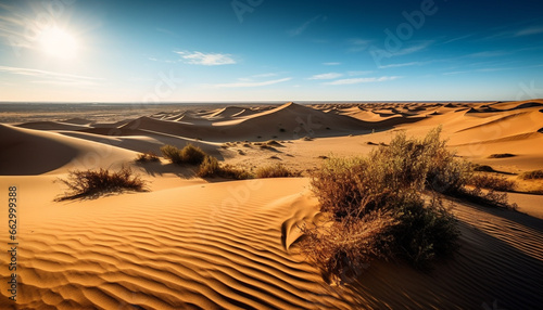 Sun kissed sand dunes in Africa, a majestic wilderness adventure generated by AI