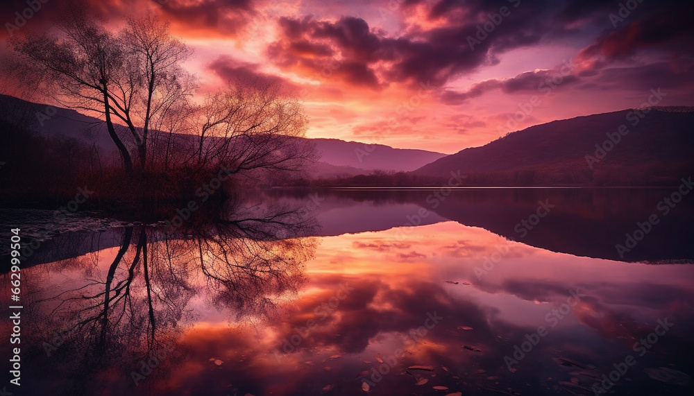 Tranquil scene of nature beauty at dusk, reflecting on water generated by AI Tranquil scene of nature beauty at dusk, reflecting on water generated by AI