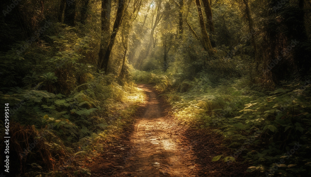 A tranquil scene of a forest footpath in autumn generated by AI