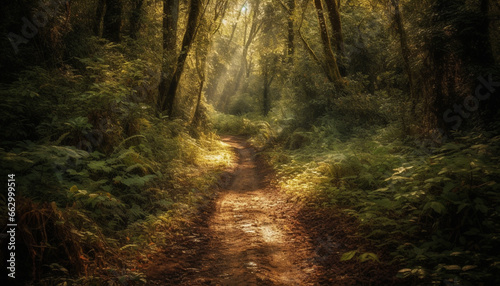 A tranquil scene of a forest footpath in autumn generated by AI © Stockgiu