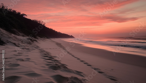Idyllic tropical sunset, tranquil waves reflect beauty in nature landscape generated by AI