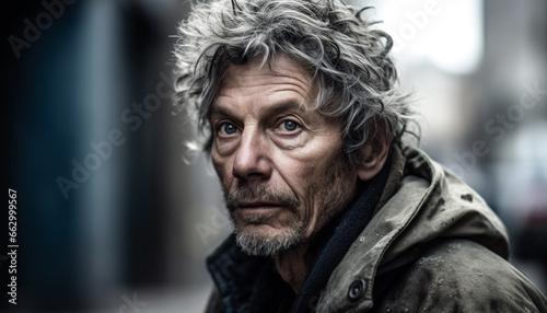 Senior man with gray hair and beard looking sad in winter generated by AI