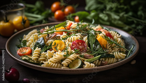 Fresh Italian pasta salad on rustic wooden plate for healthy lunch generated by AI photo
