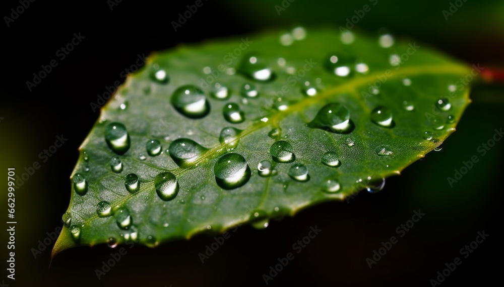 Fresh green leaves with dew drops showcase nature vibrant beauty generated by AI Fresh green leaves with dew drops showcase nature vibrant beauty generated by AI