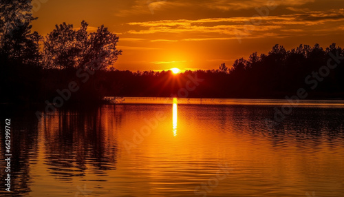 Vibrant orange sunset reflects on tranquil water, nature beauty showcased generated by AI